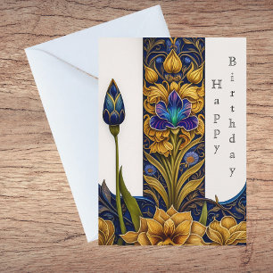 Söt Blue Flower Art Deco Illustration Birthday Kort