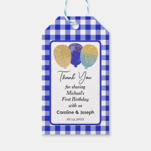Söt Blue Gingham & 3 Glitter Balloons Birthday Presentetikett