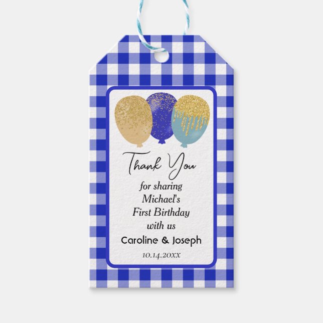 Söt Blue Gingham & 3 Glitter Balloons Birthday Presentetikett (Framsidan)