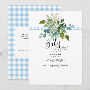 Söt Blue Gingham Foliage Baby Shower-inbjudan Inbjudningar