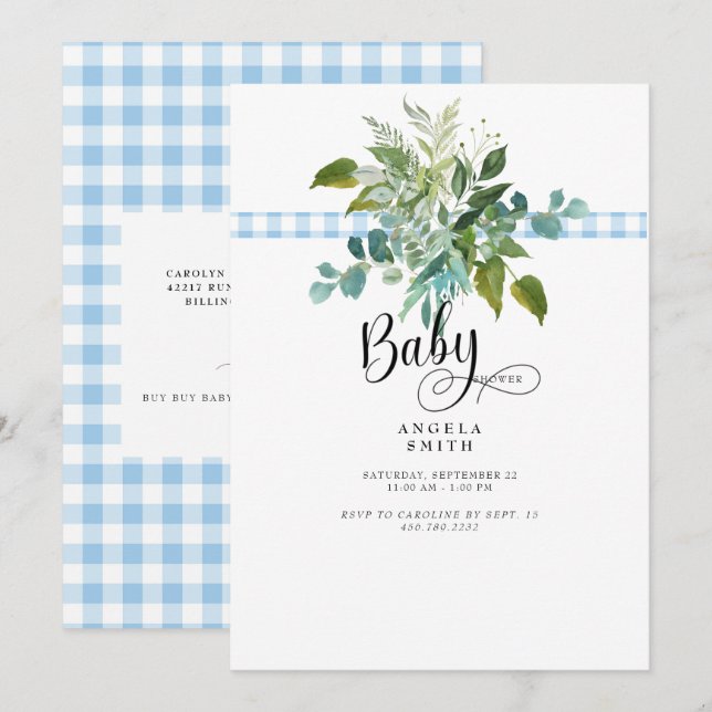 Söt Blue Gingham Foliage Baby Shower-inbjudan Inbjudningar (Fram/baksida)