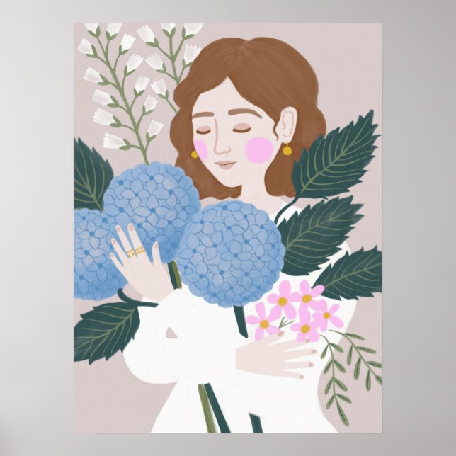 Söt Blue Grönt Girly Blommigt Illustration Poster (Framsidan)