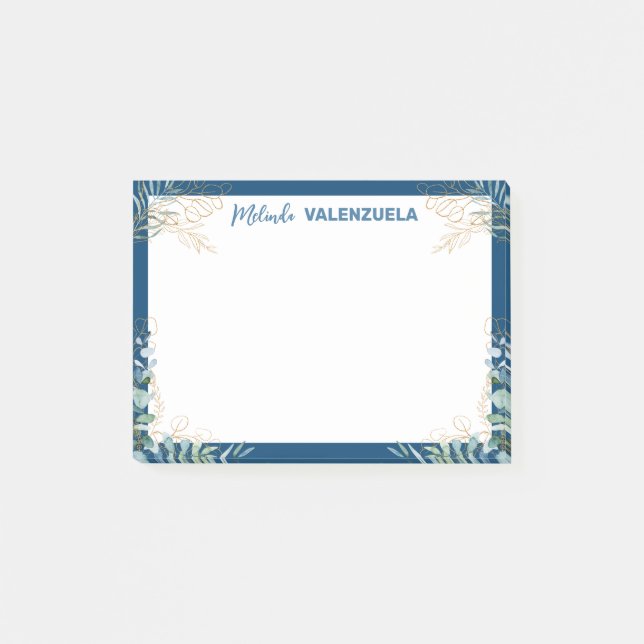Söt Blue Guld Greenery Botanical Post-it Notes (Framsida)