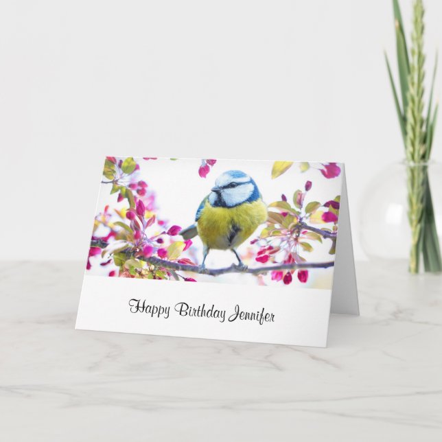 Söt Blue & Gult Bird på en Gren-födelsedag Kort (Framsida)