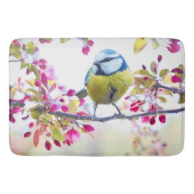 Söt Blue & Gult Bird på ett foto av Gren Badrumsmatta (Framsidan)