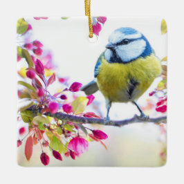 Söt Blue & Gult Bird på ett foto av Gren Julgransprydnad Keramik