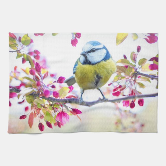Söt Blue & Gult Bird på ett foto av Gren Kökshandduk (Horisontell)