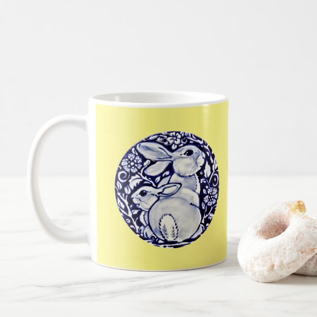 Söt Blue & Gult Bunny Rabbit Ceramic Art Kaffemugg (Med munk)