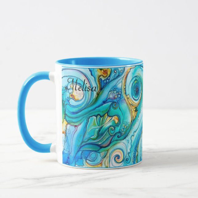 Söt Blue Gult Swirls Färg Gift Namn-kaffe Mugg (Vänster)