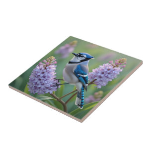 Söt Blue Jay Stanon Lilac Grenar Kakelplatta