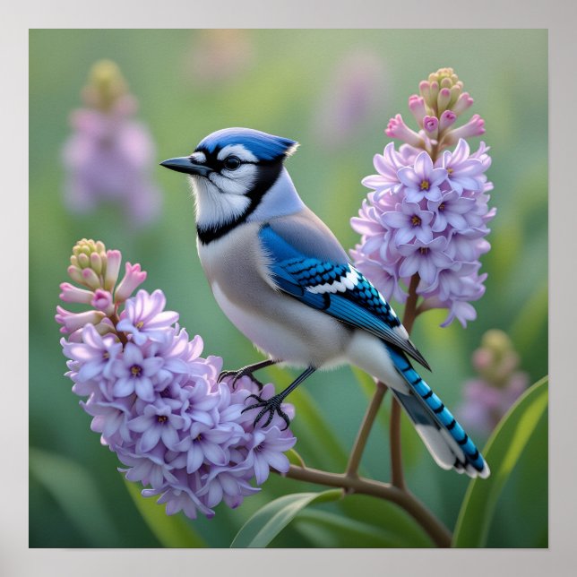 Söt Blue Jay Stanon Lilac Grenar Poster (Framsidan)