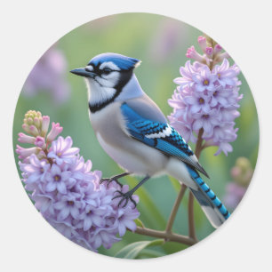 Söt Blue Jay Stanon Lilac Grenar Runt Klistermärke
