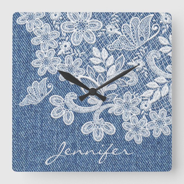 Söt Blue Jean Denim Snöre Wall Clock Fyrkantig Klocka (Framsida)