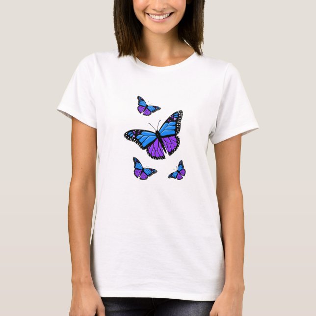 Söt Blue Lila and Black Butterflies T Shirt (Framsida)