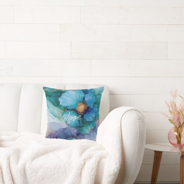 Söt Blue Lila Aqua Guld Blommigt Kudde (Soffa)