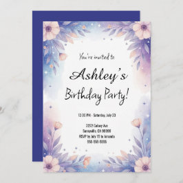 Söt Blue & Lila Girl Girl's Flower Födelsedagsfest Inbjudningar