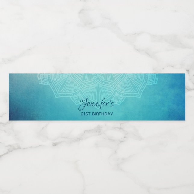 Söt Blue Mandala Abstrakt Birthday Vattenflaskor Etikett (Singel etikett)