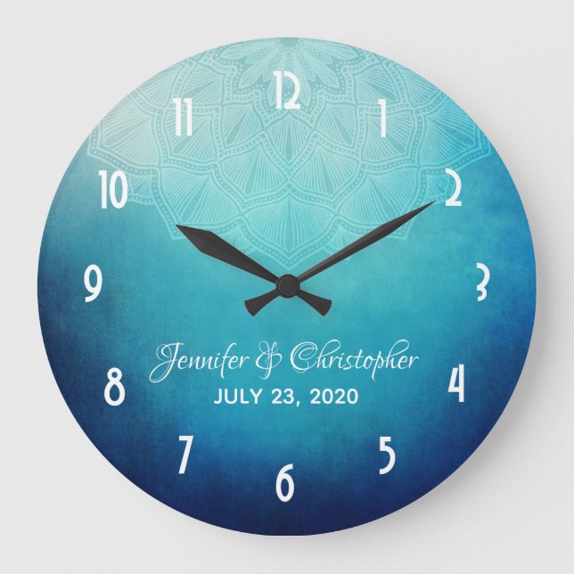 Söt Blue Mandala Abstrakt Bröllop Stor Klocka (Framsida)