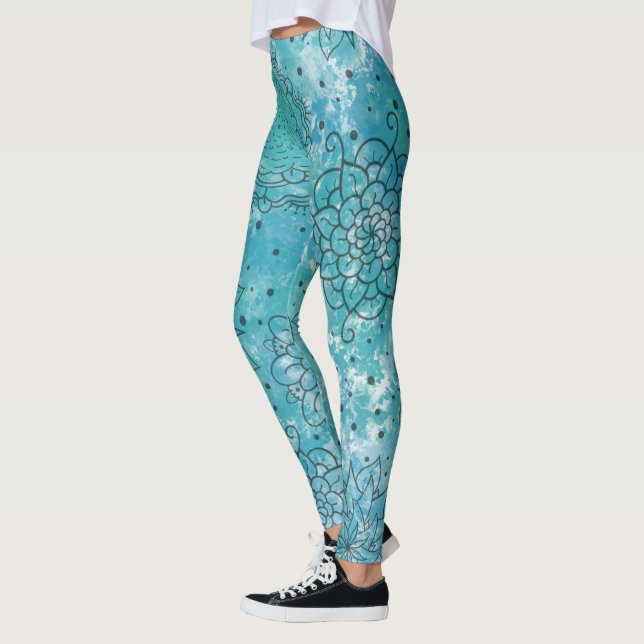 Söt Blue Mandala Grunge Mönster Leggings (Vänster)