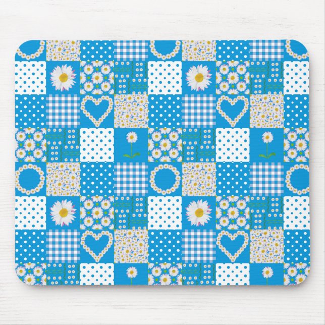 Söt Blue Mousepad: Daisychains, Faux Patchwork Musmatta (Framsidan)