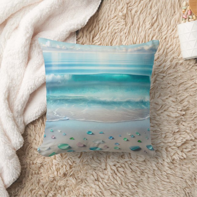 Söt Blue Ocean Vågar och Sea Glass Kudde (Filt)