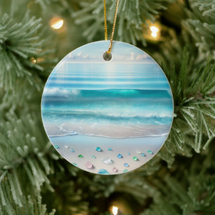 Söt Blue Ocean Vågar och Sea Glass Personlig Julgransprydnad Keramik