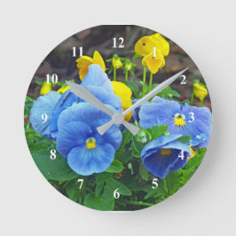 Söt Blue och Gult Pansy Blommigt Photo Rund Klocka