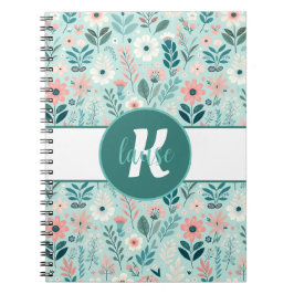 Söt Blue och Rosa Pastel Folk Art Flowers Anteckningsbok