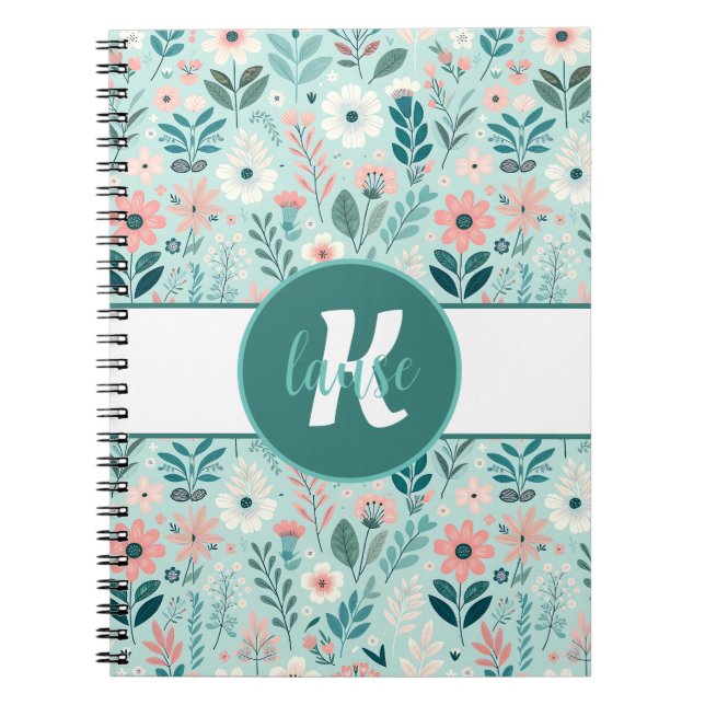 Söt Blue och Rosa Pastel Folk Art Flowers Anteckningsbok (Framsidan)