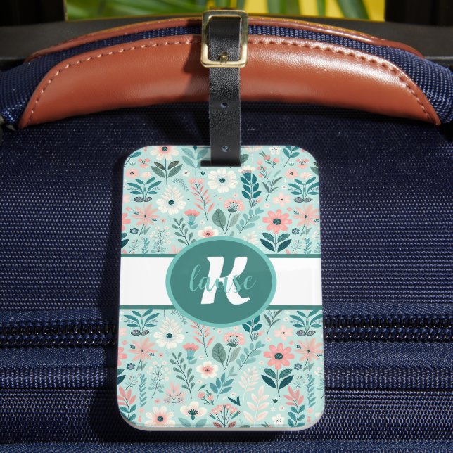 Söt Blue och Rosa Pastel Folk Art Flowers Bagagebricka (Framsida Insitu 2)