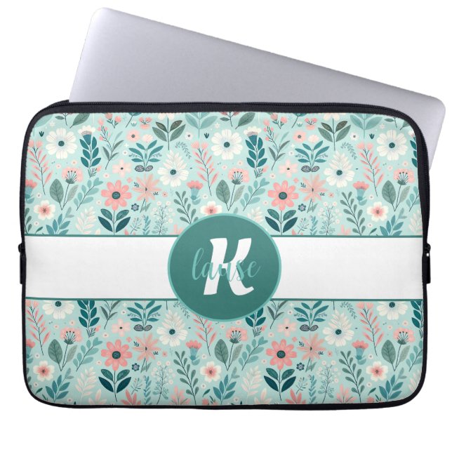 Söt Blue och Rosa Pastel Folk Art Flowers Laptop Fodral (Framsidan)