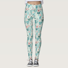 Söt Blue och Rosa Pastel Folk Art Flowers Leggings