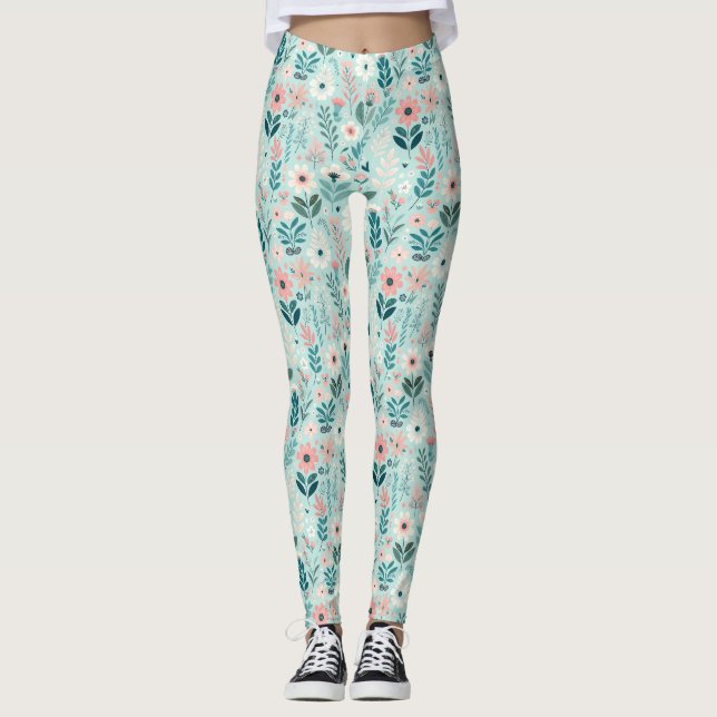 Söt Blue och Rosa Pastel Folk Art Flowers Leggings (Framsida)