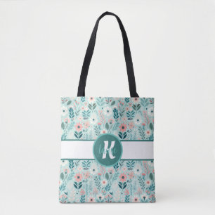 Söt Blue och Rosa Pastel Folk Art Flowers Tygkasse