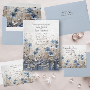 Söt Blue och White 3D Blomsterträdgård Bröllop Inbjudningar