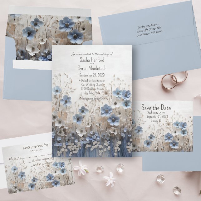 Söt Blue och White 3D Blomsterträdgård Bröllop Inbjudningar (Skapare uppladdad)