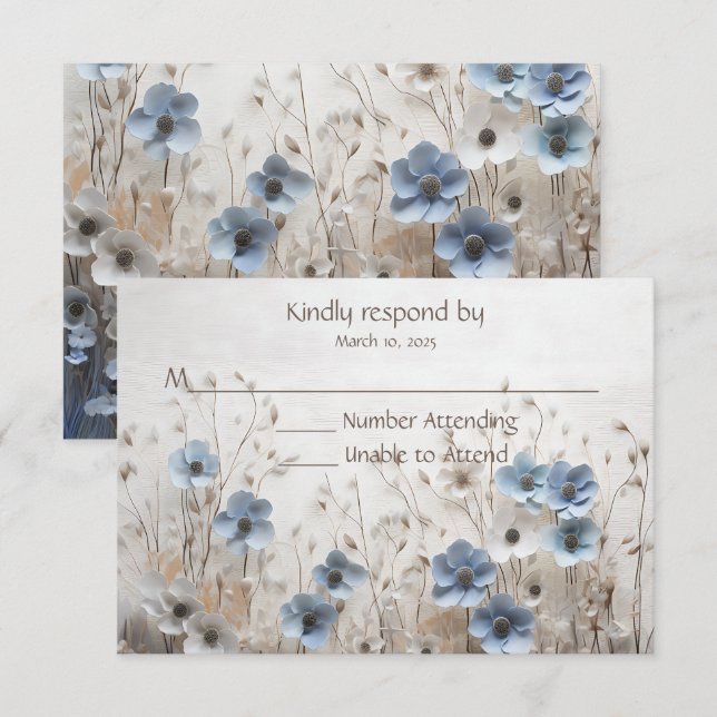 Söt Blue och White 3D Blomsterträdgård Bröllop OSA Kort (Fram/baksida)