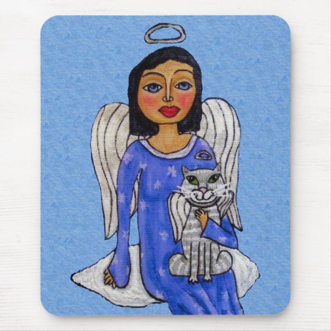 Söt Blue Öga Angel Holding Cat på Cloud Musmatta (Framsidan)