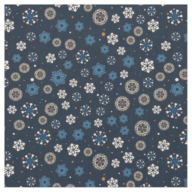 Söt Blue Orange White Scandinavian Snöflingor Tyg (Närbild)