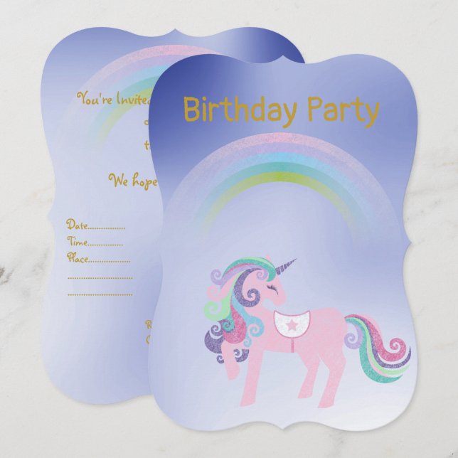 Söt Blue Rainbow Unicorn-födelsedag Guld Inbjudningar (Fram/baksida)