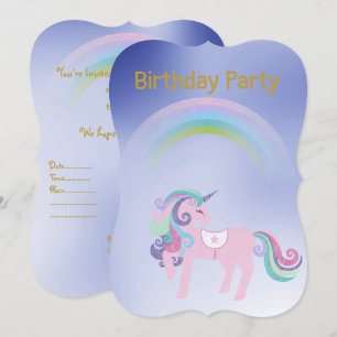 Söt Blue Rainbow Unicorn-födelsedag Guld Inbjudningar