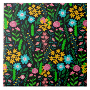 Söt Blue Rosa Garden Flowers Black Design Kakelplatta