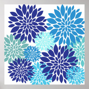Söt Blue Teal Turcoise Flowers Blommigt Art Poster