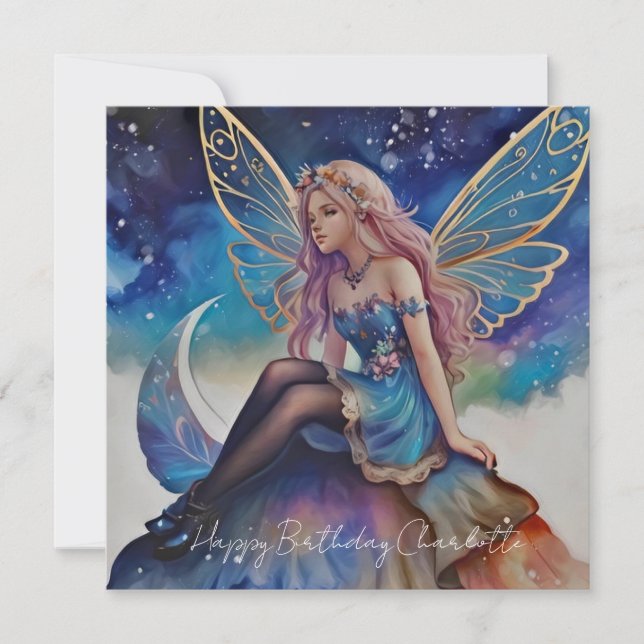 Söt Blue Watercolor Fairy Birthday Kort (Framsida)