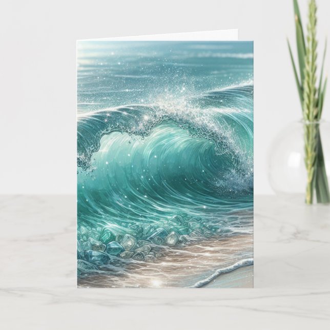 Söt Blue Wave med Sparkles Lycklig-årsdagen Kort (Framsida)
