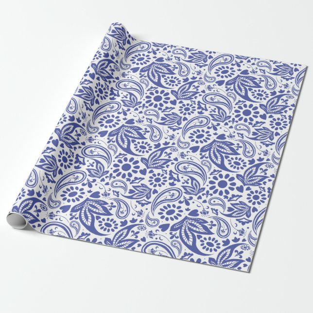 Söt Blue White Paisley Boho Mönster Presentpapper (Utrullad)