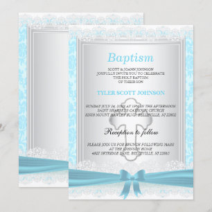 Söt Blue & White Satin Baptism / Christening Inbjudningar