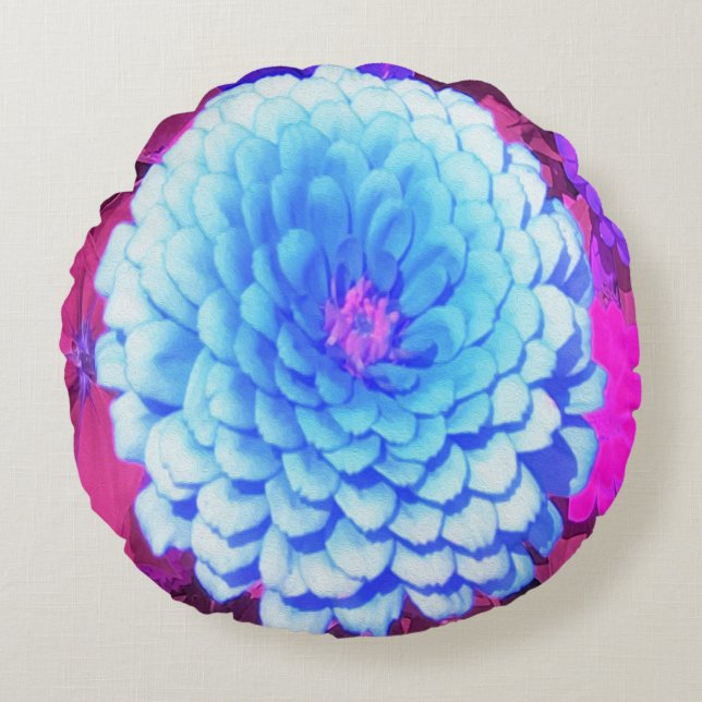 Söt Blue Zinnia i Lila Summer Garden Rund Kudde (Framsidan)