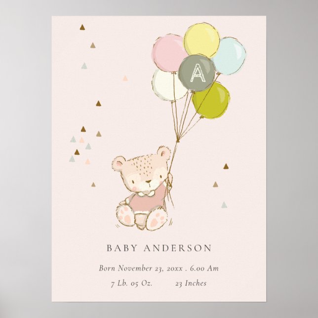 Söt Blush Björn Ballong Tjej Monogram Baby Poster (Framsidan)