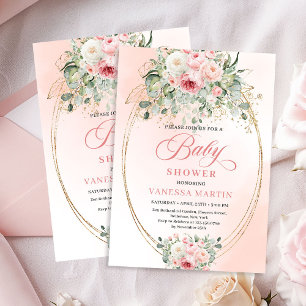 Söt Blush Blommig Guld Flick Baby Shower Fest Inbjudningar